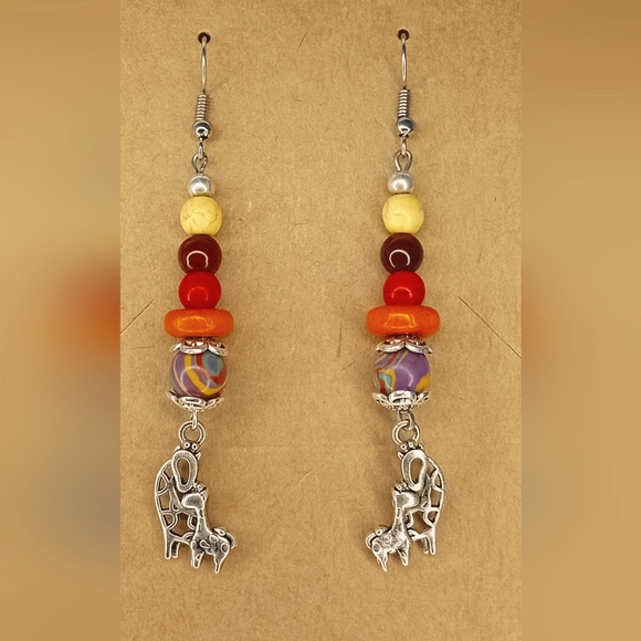 4 Tiered glass and stone with guardian and child Giraffe Earrings - Picture 2 of 4